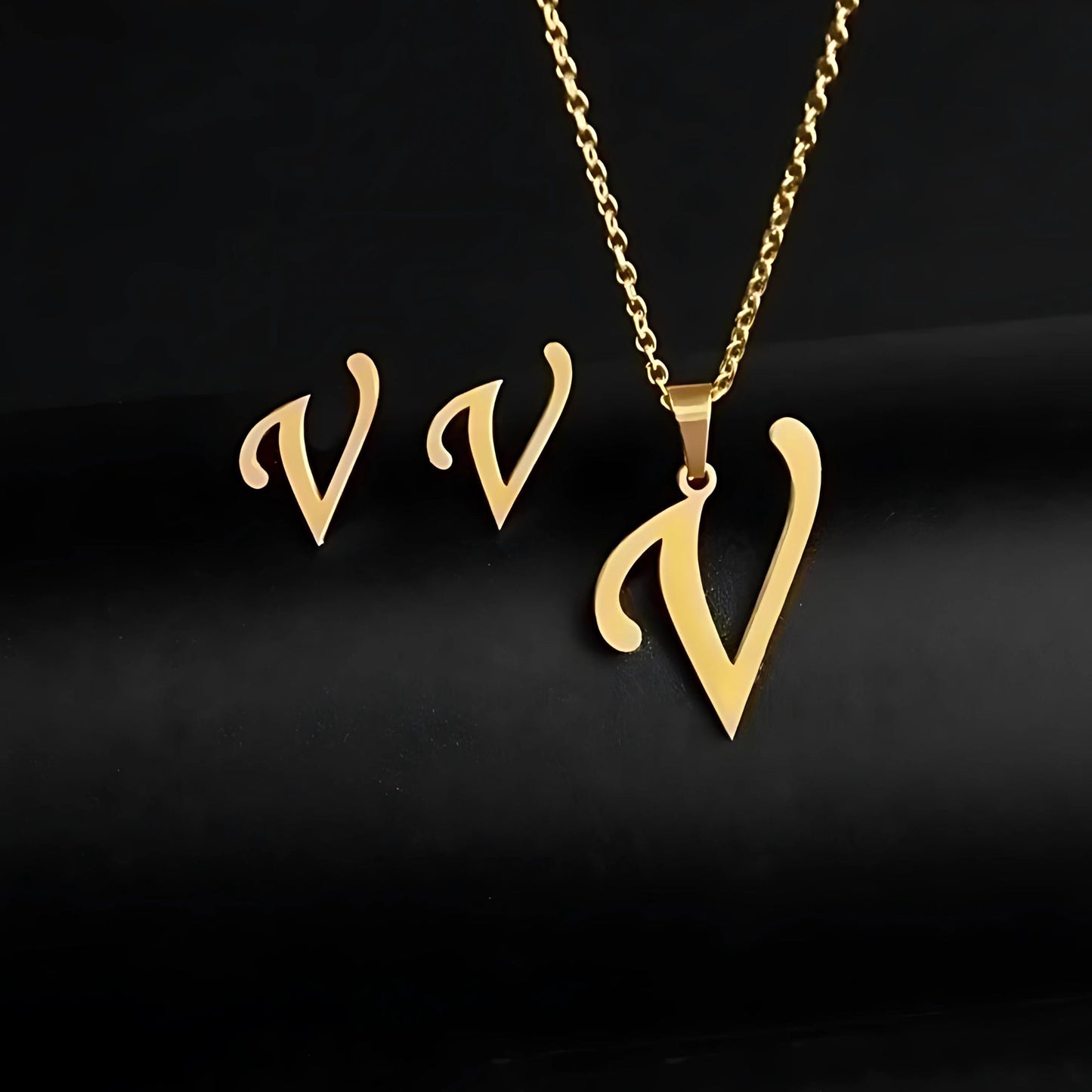 Initial Letter Pendant Necklace Earrings Set for Women Gold Plated Stainless Steel by Ginger Lyne - V