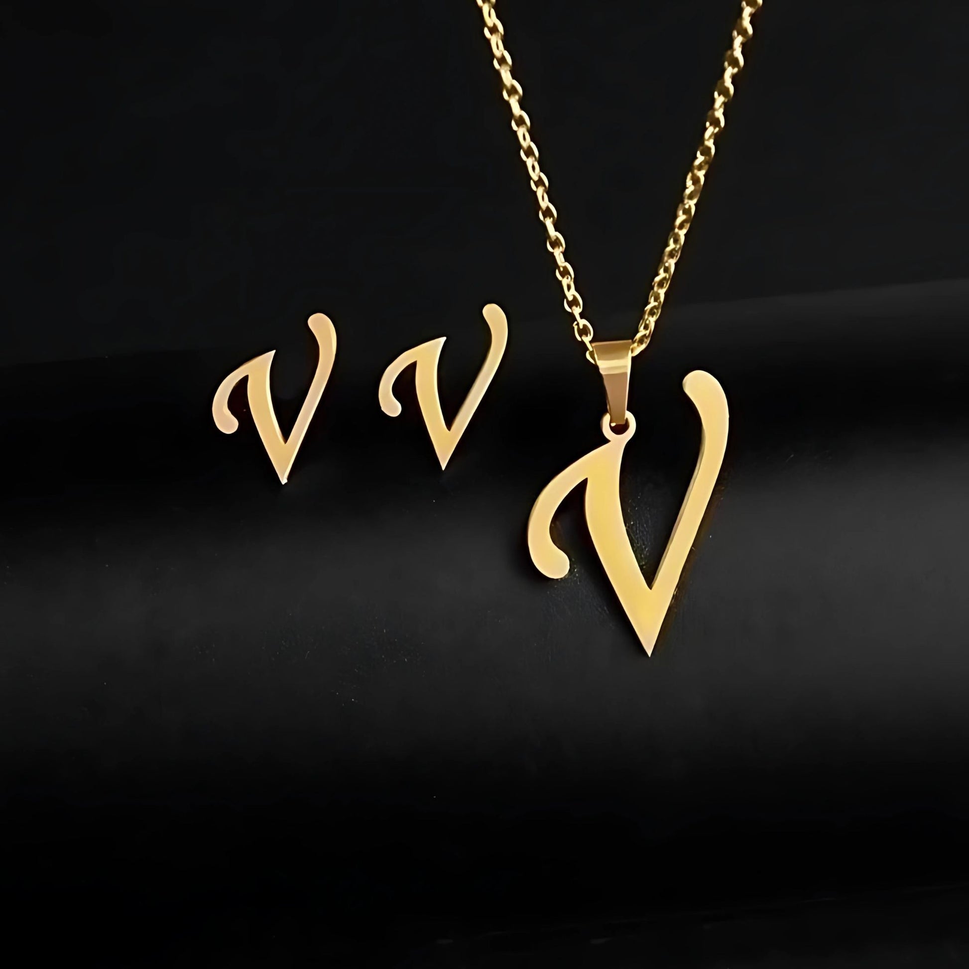 Initial Letter Pendant Necklace Earrings Set for Women Gold Plated Stainless Steel by Ginger Lyne - V
