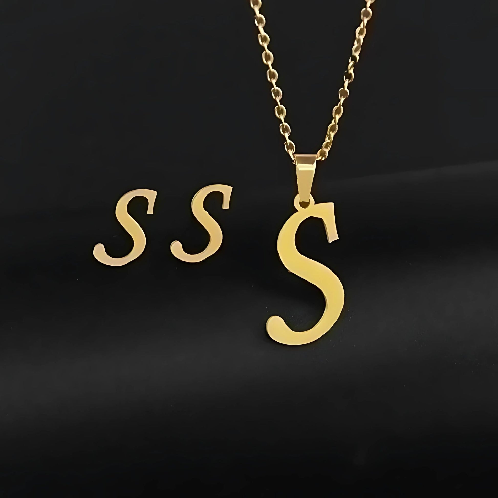 Initial Letter Pendant Necklace Earrings Set for Women Gold Plated Stainless Steel by Ginger Lyne - S