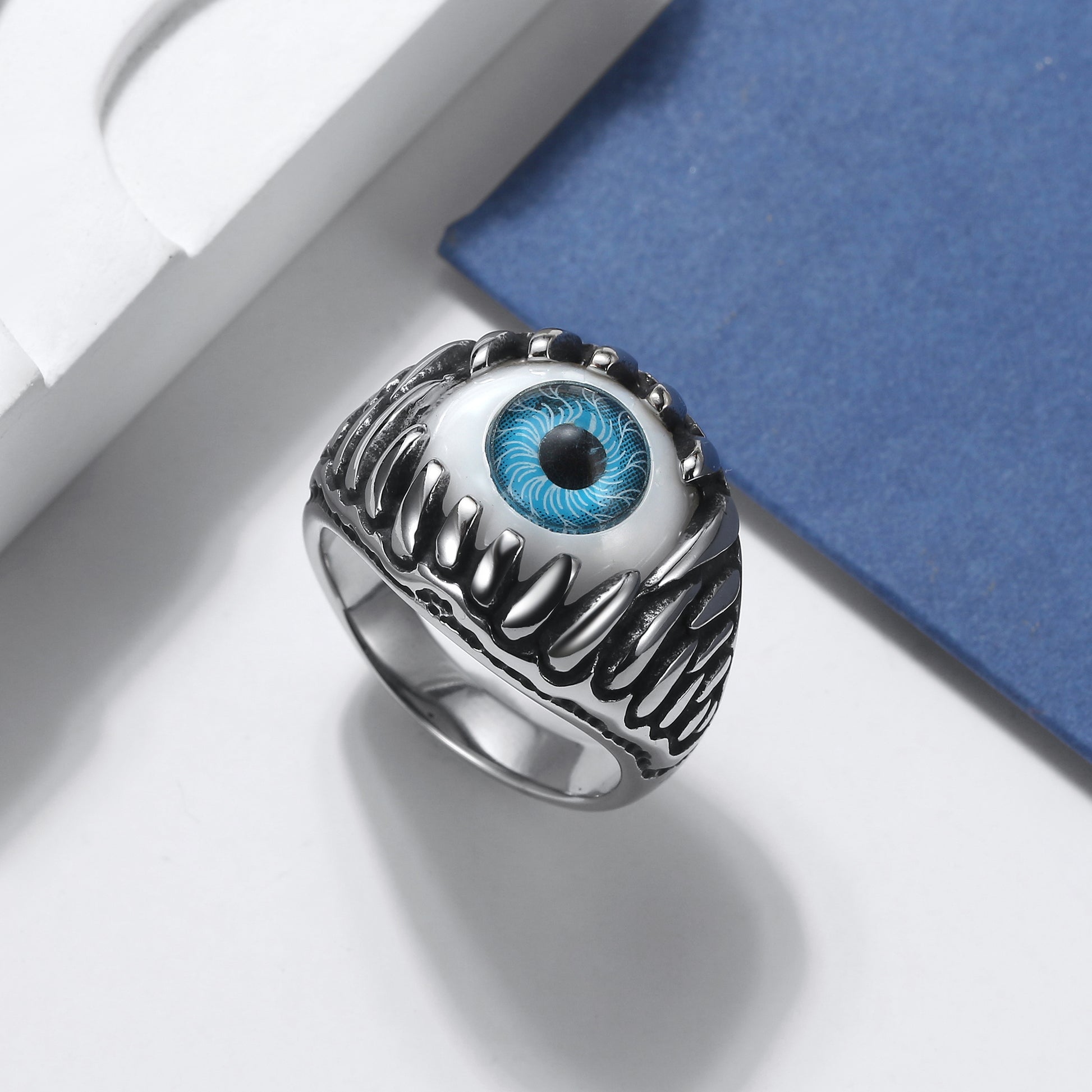 EvilEyeEyeballRingforMenorWomenStainlessSteelBikerGingerLyneCollection_Blue-3