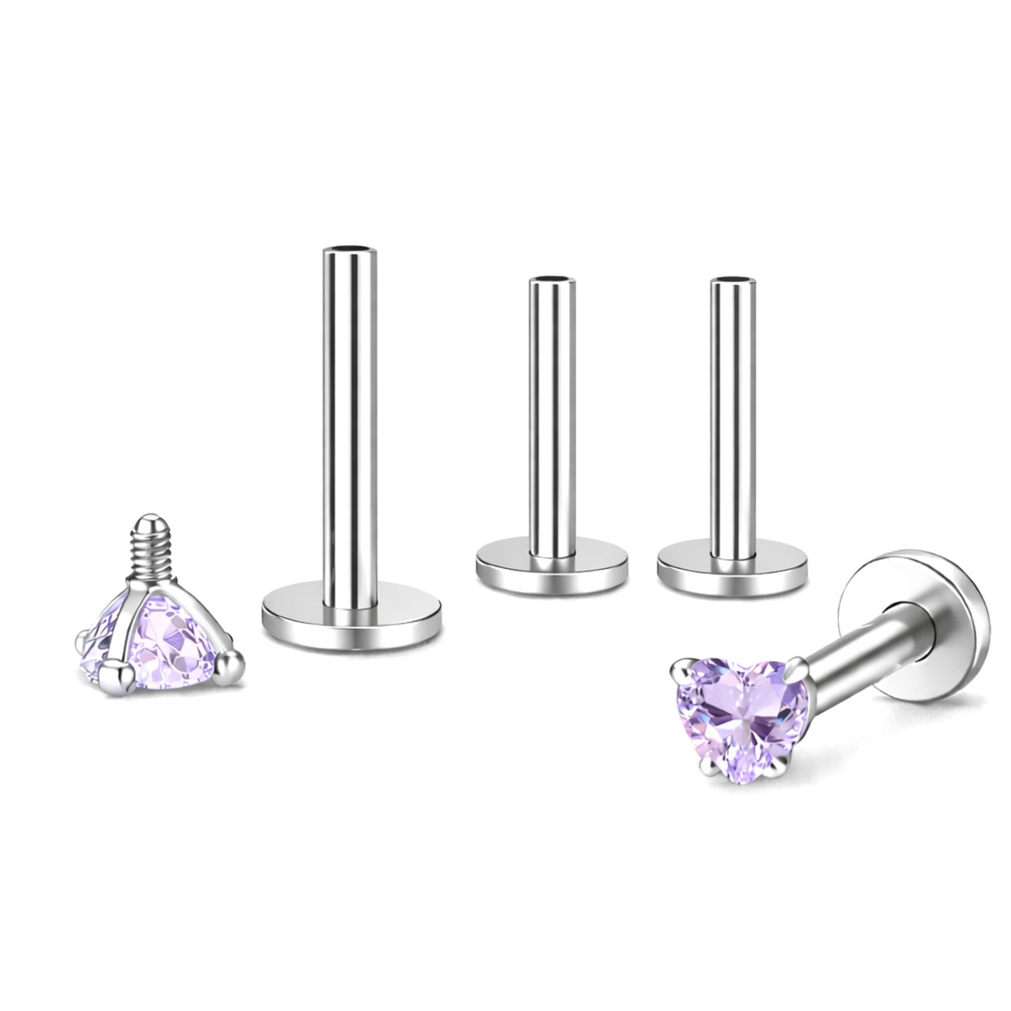 SmallHeartCZSolitaireFlatBackStudEarringsBodyPiercingsbyGingerLyne2SetsPost6mm8mmIncluded_3mm-LtPurple-1
