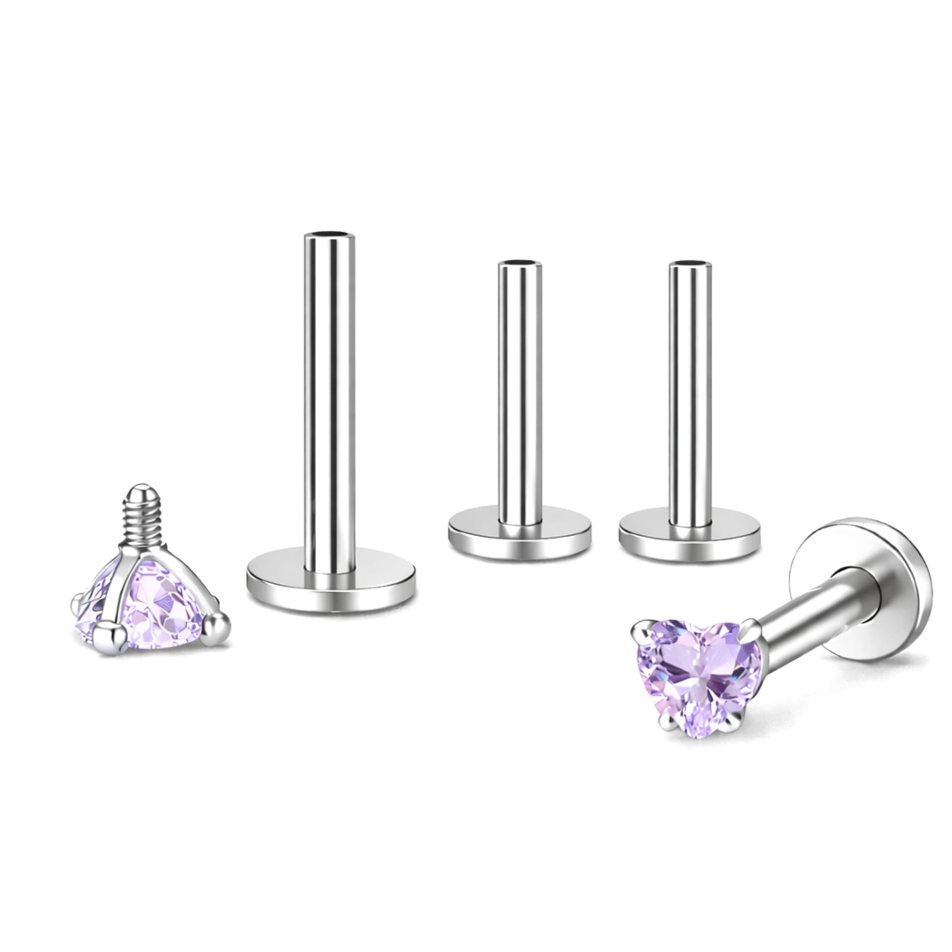 SmallHeartCZSolitaireFlatBackStudEarringsBodyPiercingsbyGingerLyne2SetsPost6mm8mmIncluded_3mm-LtPurple-1