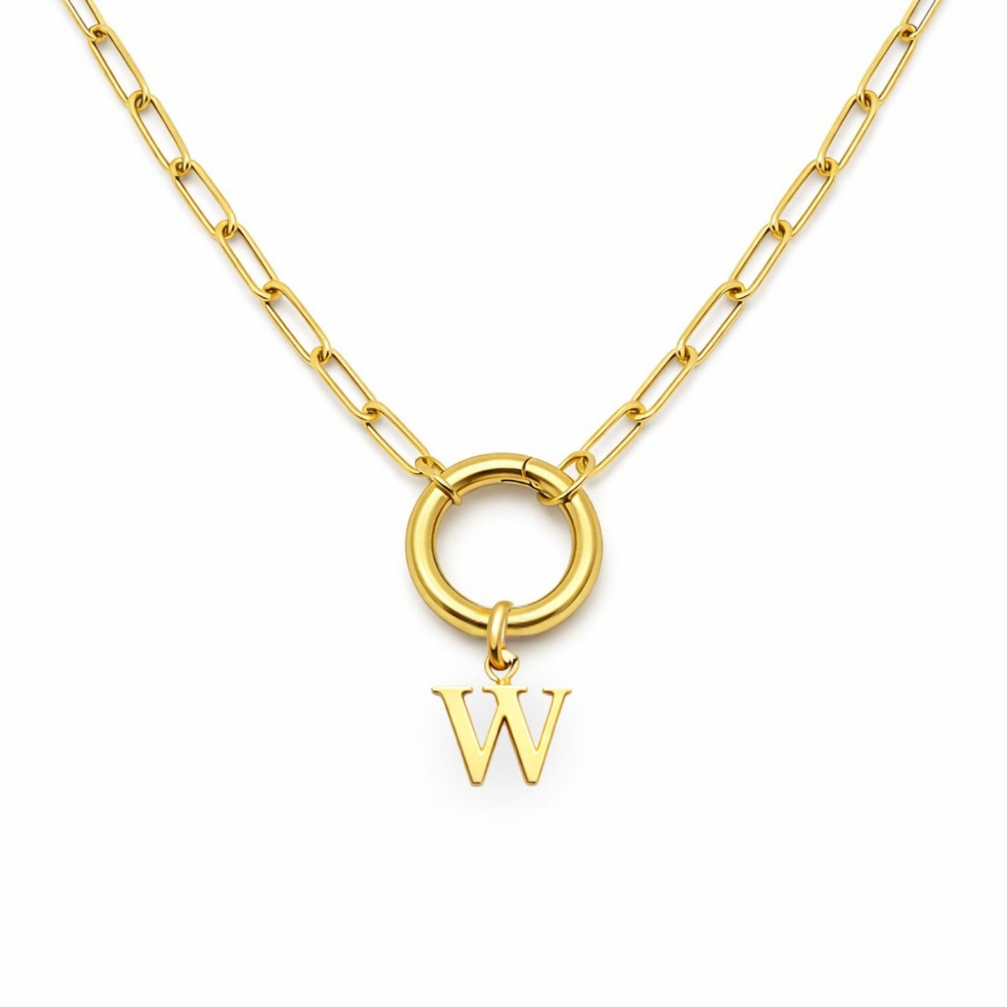 PaperclipLinkCircleCarabinerIntialLetterCharmHolderNecklaceforWomenStainlessSteel20"GingerLyne_Gold-W-1