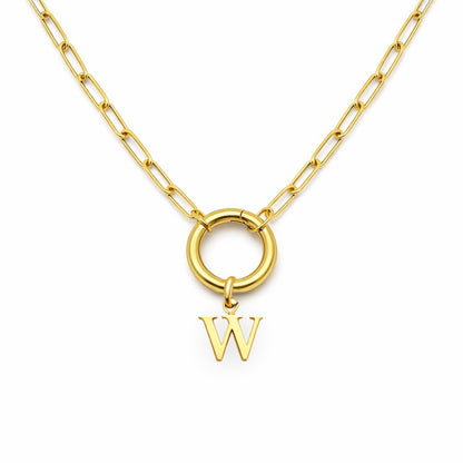 PaperclipLinkCircleCarabinerIntialLetterCharmHolderNecklaceforWomenStainlessSteel20"GingerLyne_Gold-W-1