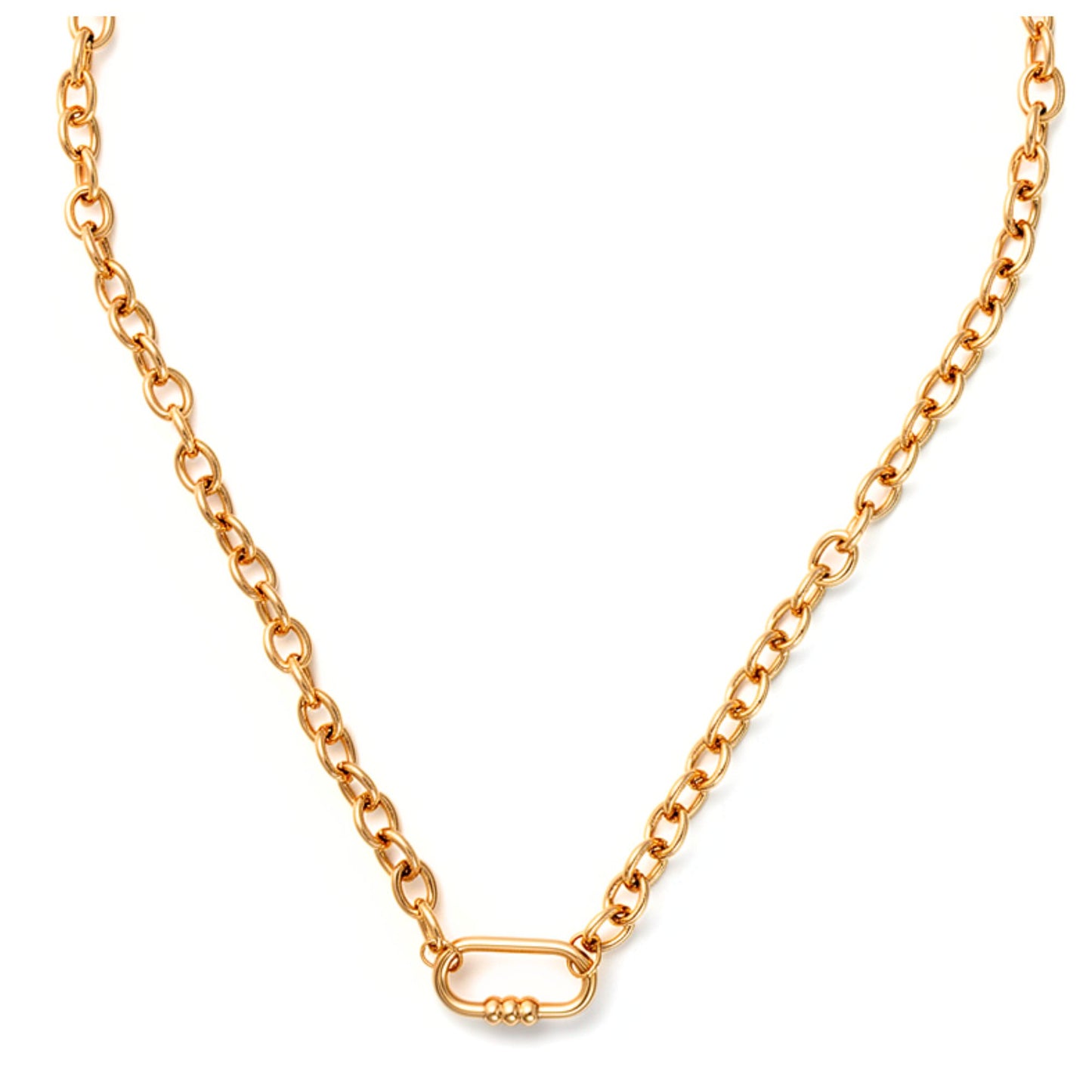 CarabinerCharmHolderNecklaceforWomenbyGingerLyneOChainSilverGoldPlatedStainlessSteel18-20"_Gold-OChain/Rect3BeadCH-1