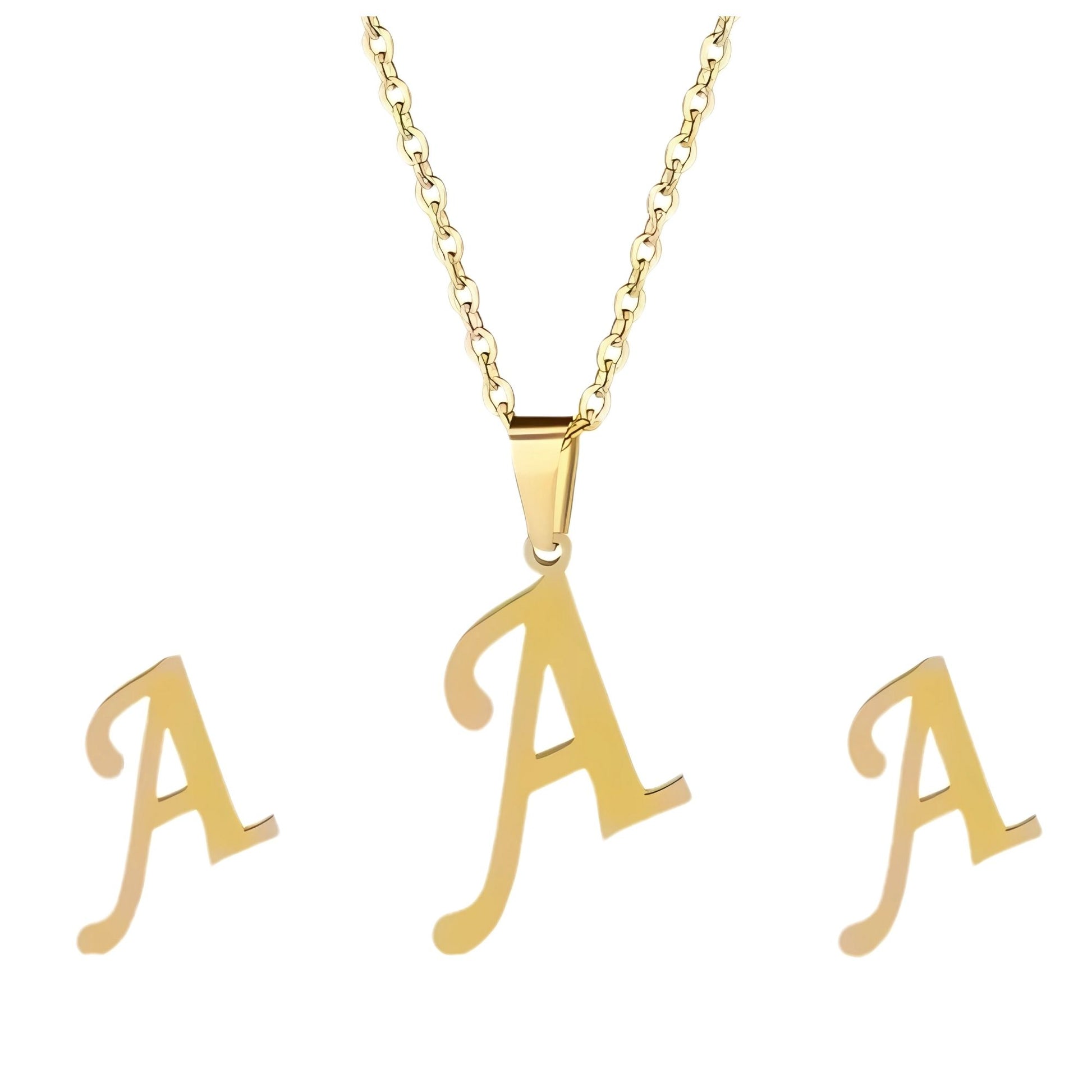 InitialLetterPendantNecklaceEarringsSetforWomenGoldPlatedStainlessSteelbyGingerLyne_A-1