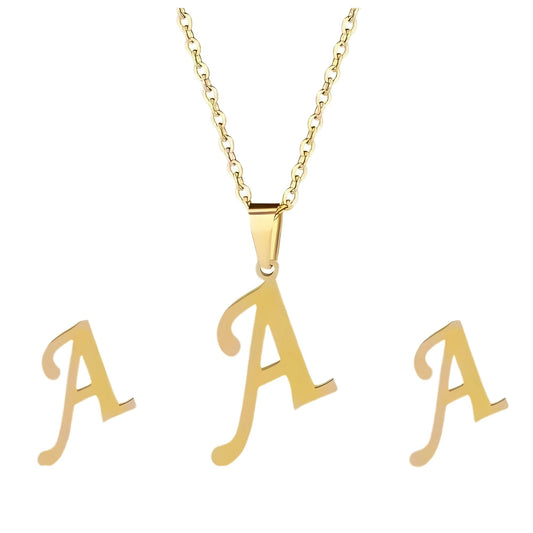 InitialLetterPendantNecklaceEarringsSetforWomenGoldPlatedStainlessSteelbyGingerLyne_A-1