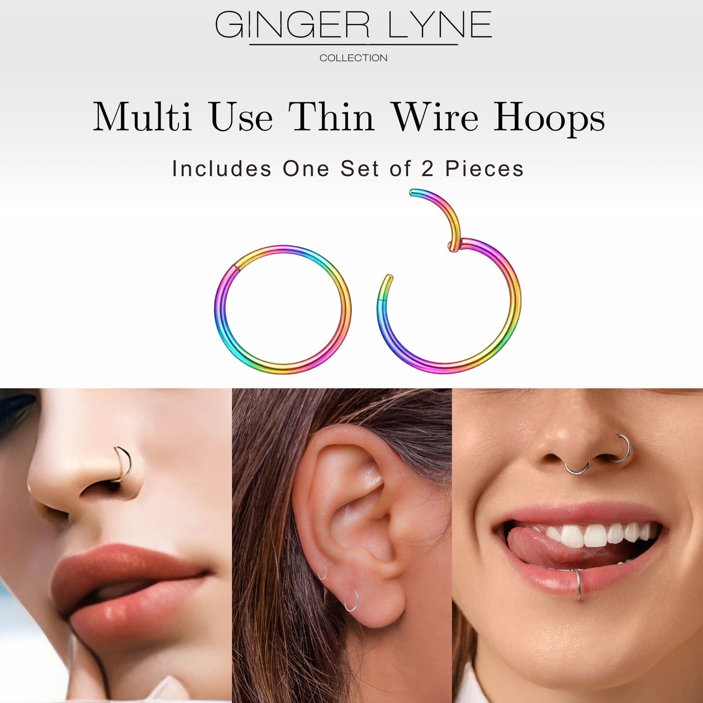 Thin Hoop Earrings Ginger Lyne 20 Gauge Stainless Steel Hinged Clicker for Lobe Cartilage Nose Piercing Body Jewelry - Rainbow-12mm