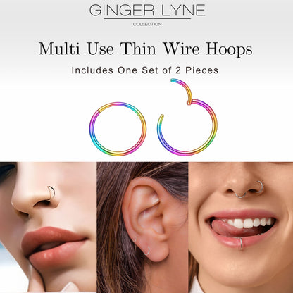 Thin Hoop Earrings Ginger Lyne 20 Gauge Stainless Steel Hinged Clicker for Lobe Cartilage Nose Piercing Body Jewelry - Rainbow-12mm
