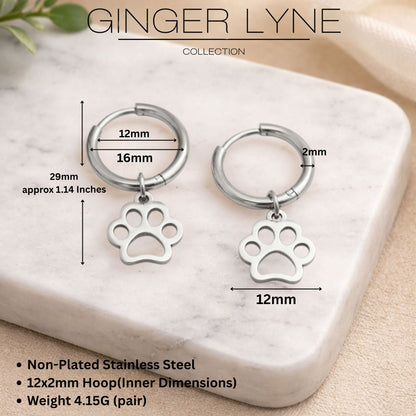 Dog Paw Charm Dangle Huggie Hoop Earrings for Women by Ginger Lyne 16mm Stainless Steel