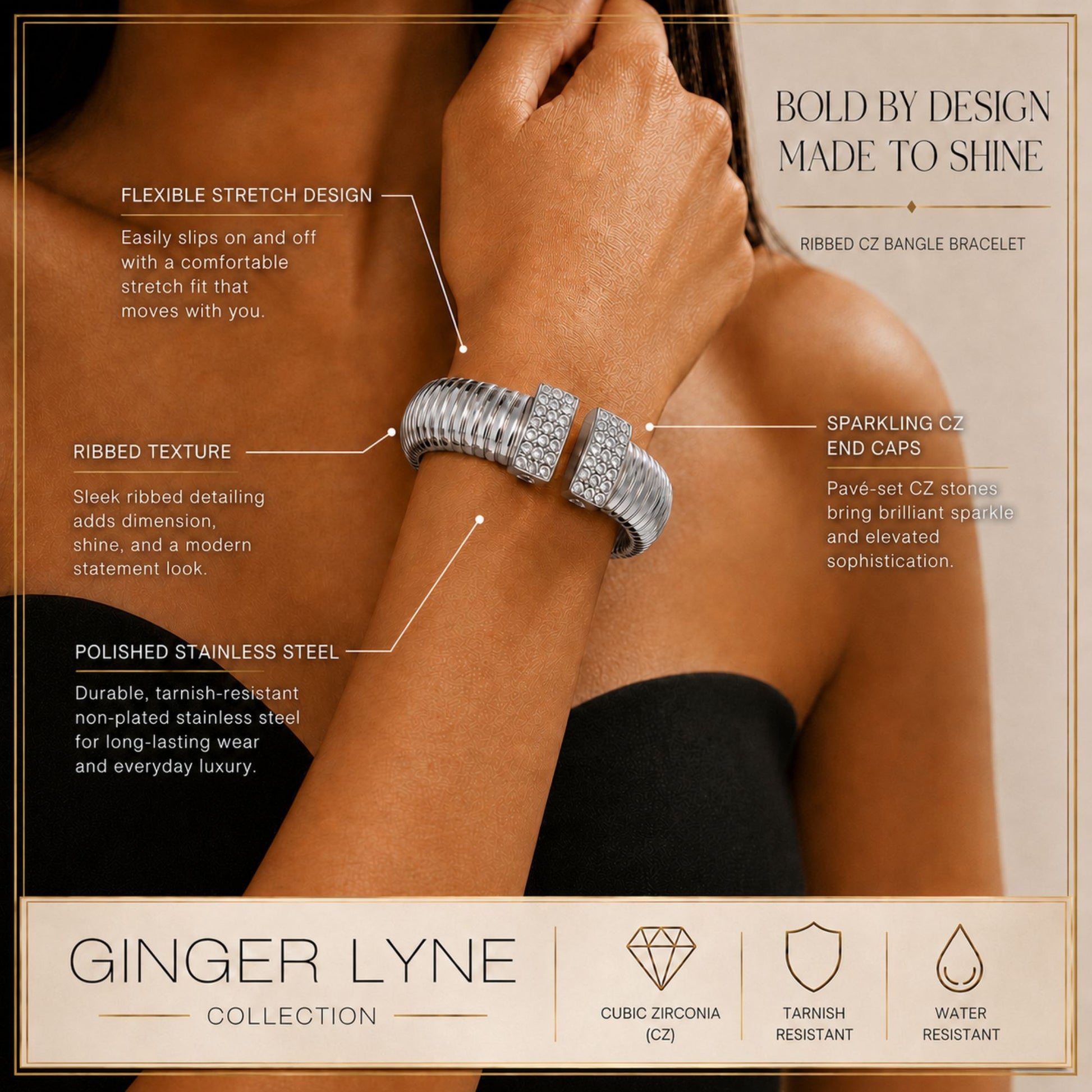 RibbedStretchBangleBraceletforWomenStainlessSteelCubicZirconiaCuffGingerLyneCollection_Gold-8