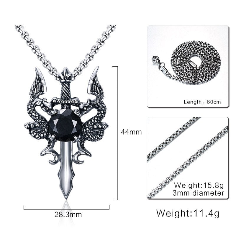 Dragon Sword Necklace for Men or Women  Stainless Steel Black Cz Gothic Ginger Lyne Collection