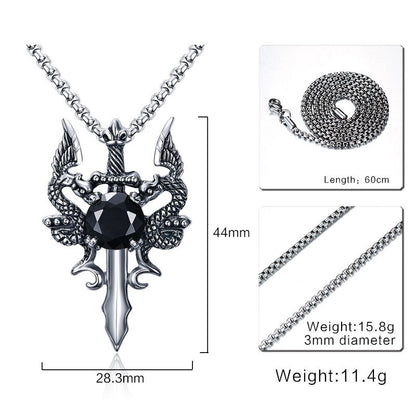 Dragon Sword Necklace for Men or Women  Stainless Steel Black Cz Gothic Ginger Lyne Collection