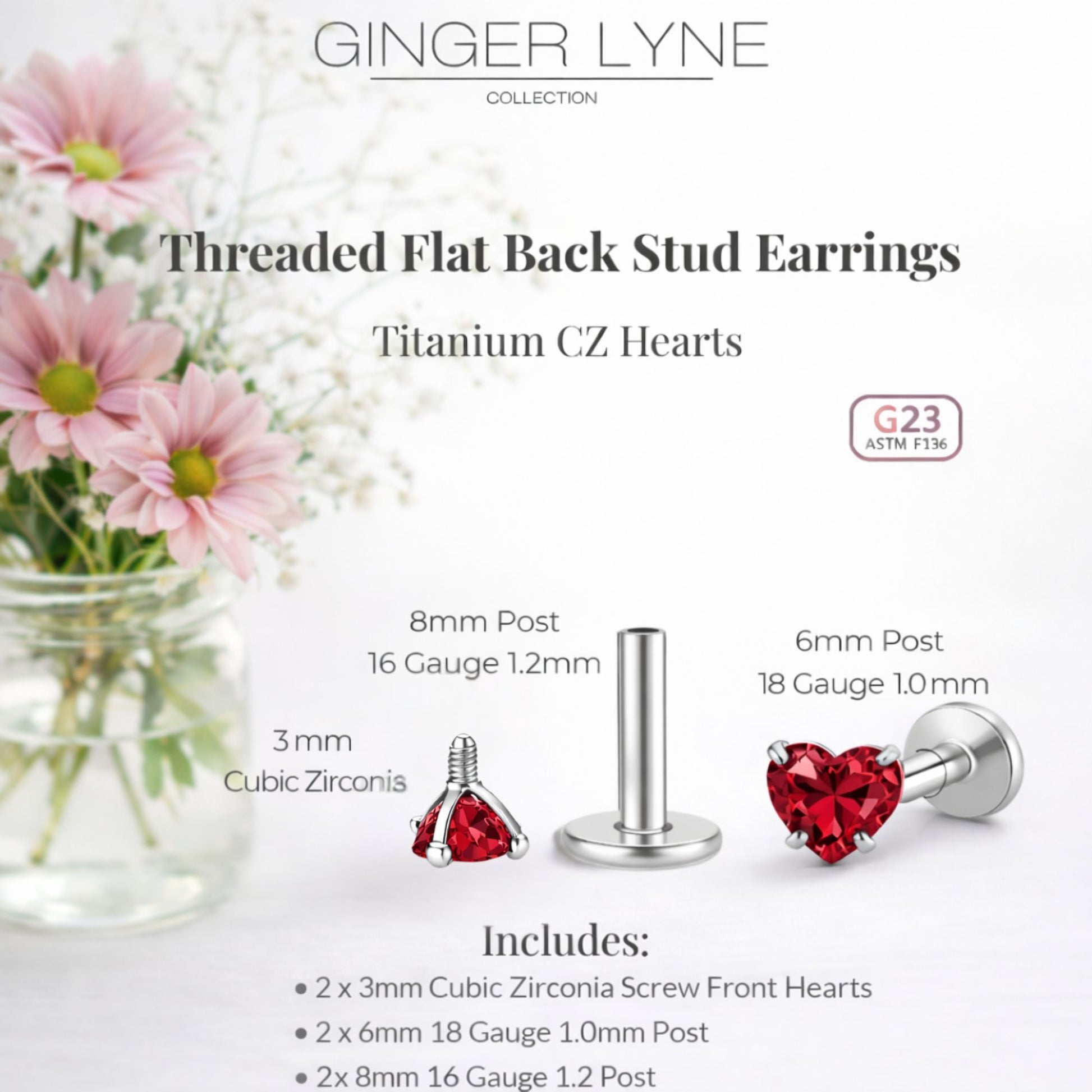 Small Heart CZ Solitaire Flat Back Stud Earrings Body Piercings by Ginger Lyne 2 Sets Post 6mm 8mm Included - 3mm-Red