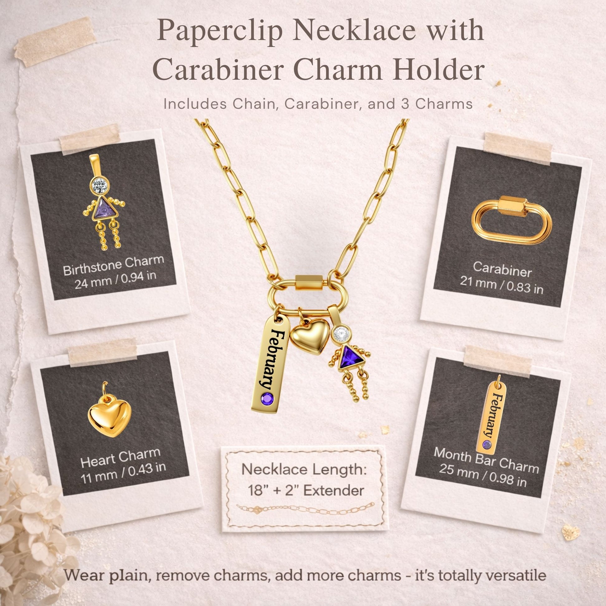 Carabiner Family Birthstone Necklace for Mom or Grandma by Ginger Lyne Stainless Steel CZ Birthday Charms_Female-February-Gold-4