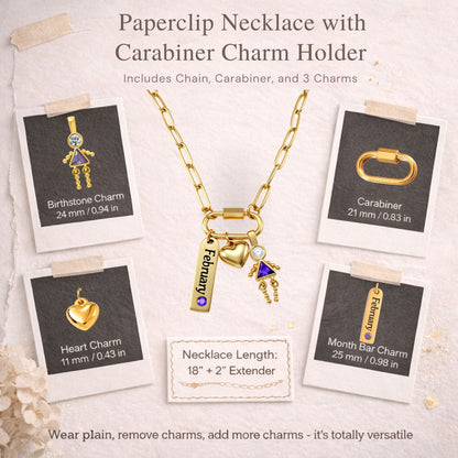 Carabiner Family Birthstone Necklace for Mom or Grandma by Ginger Lyne Stainless Steel CZ Birthday Charms_Female-February-Gold-4