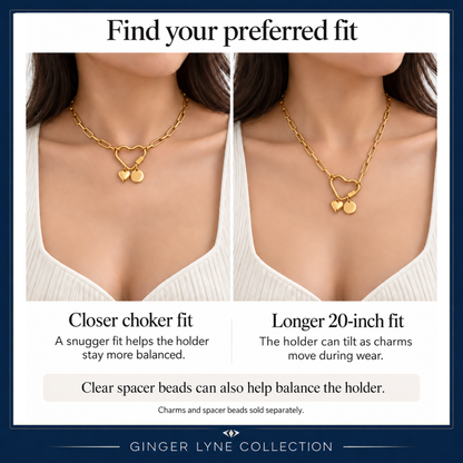 Gold Plated Heart Carabiner Charm Holder Necklace Paperclip Chain 22mm Heart Clasp 18-20 Inch Stainless Steel by Ginger Lyne - Gold-PaperclipChain/Heart CH