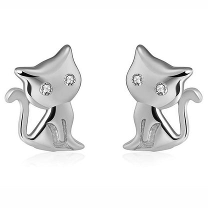 Kitty Cat Stud Earrings for Girls or Women Sterling Silver Cz Girls Ginger Lyne Collection - Silver