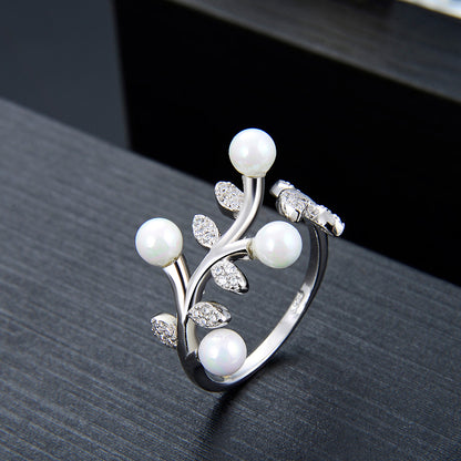 Leaf Simulated Pearl Adjustable Wrap Ring for Women 925 Sterling Silver Ginger Lyne Collection