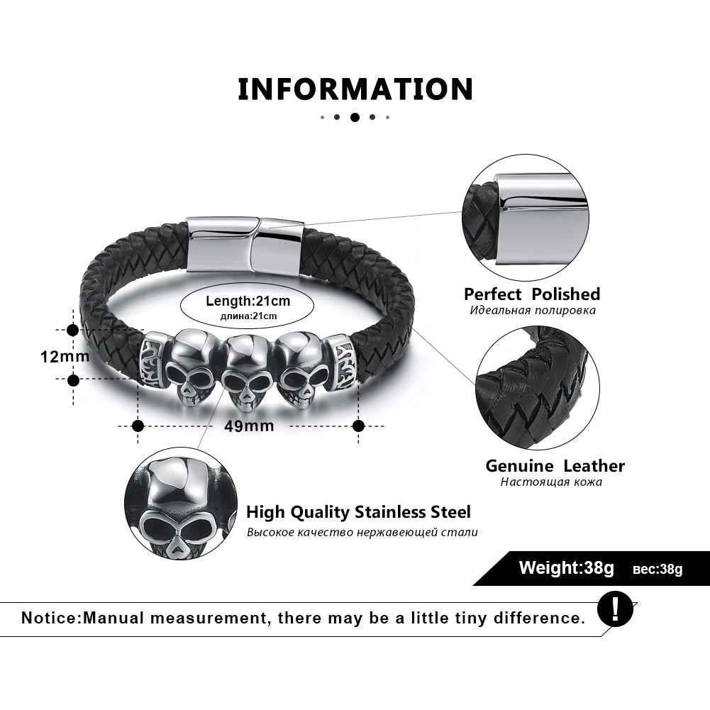 SkullsBraceletStainlessSteelBikerPunkGothLeatherMensGingerLyneCollection_Silver-7