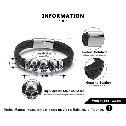 SkullsBraceletStainlessSteelBikerPunkGothLeatherMensGingerLyneCollection_Silver-7