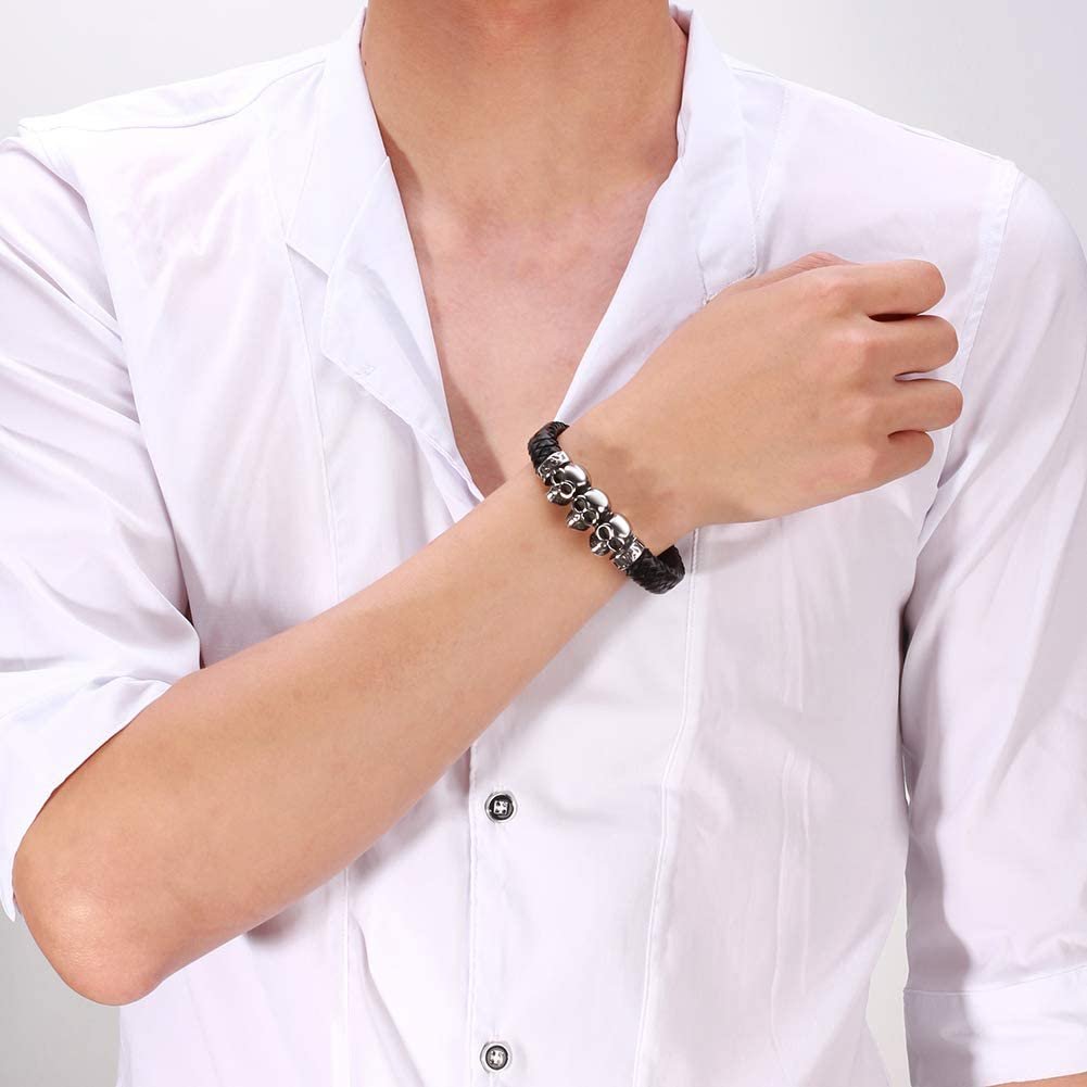 SkullsBraceletStainlessSteelBikerPunkGothLeatherMensGingerLyneCollection_Silver-5
