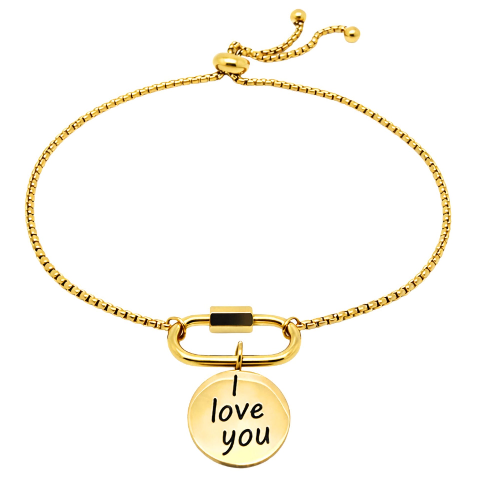 Carabiner Charm Bracelet with I Love You Charm by Ginger Lyne Adjustable Stainless Steel Chain - Gold Tone