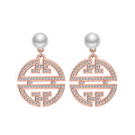 Load image into Gallery viewer, Flower Window Pattern Dangle Earrings for Women Pearl Cz Ginger Lyne Collection - Rose Gold
