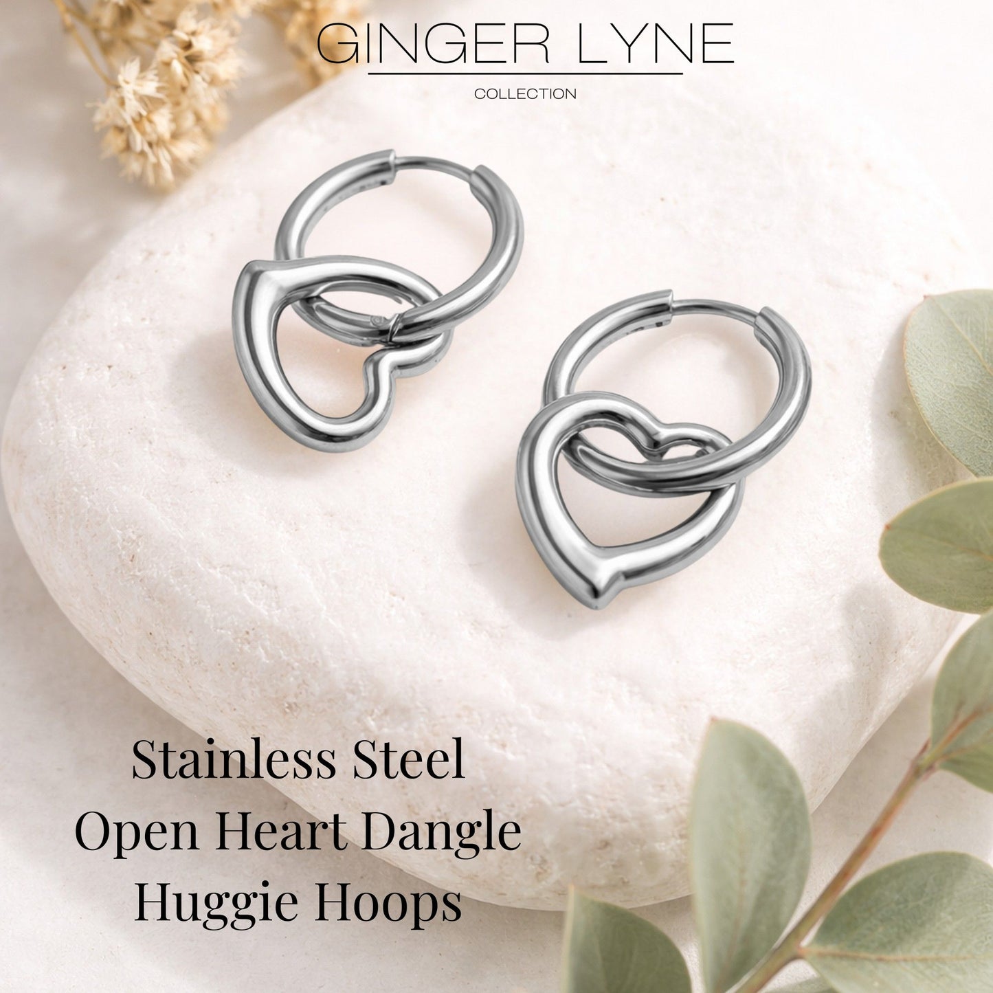Open Heart Charm Dangle Huggie Hoop Earrings Stainless Steel by Ginger Lyne - Silver Tone