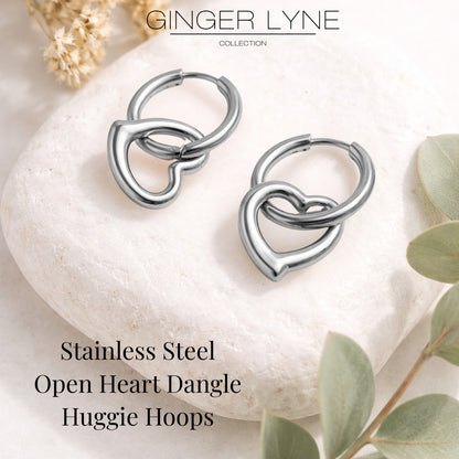 Open Heart Charm Dangle Huggie Hoop Earrings Stainless Steel by Ginger Lyne - Silver Tone