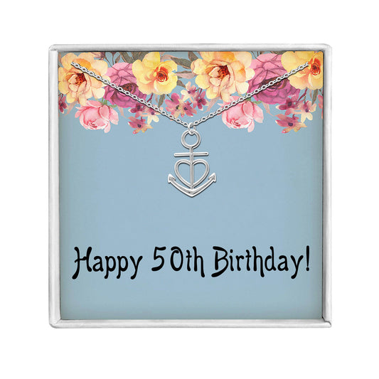 50th Birthday Greeting Card Silver Anchor Heart Necklace Womens Ginger Lyne Collection