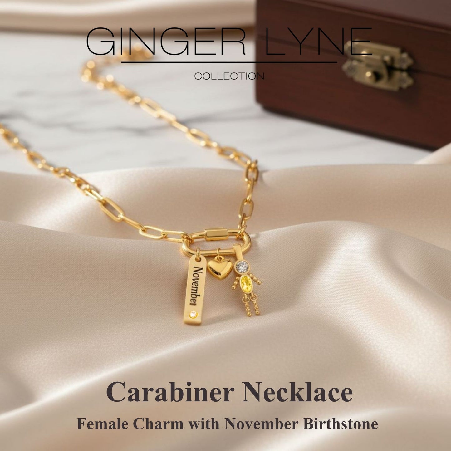 Carabiner Family Birthstone Necklace for Mom or Grandma by Ginger Lyne Stainless Steel CZ Birthday Charms_Male-November-Gold-2