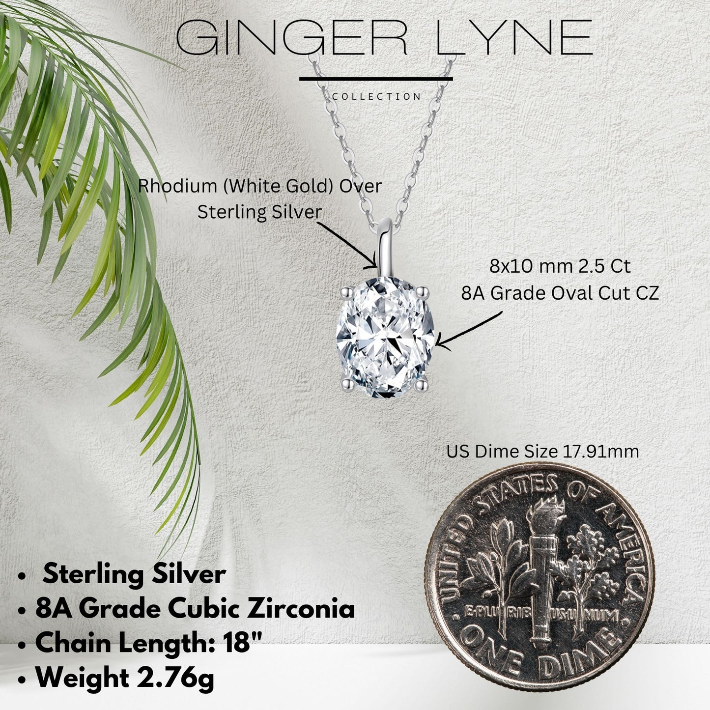 Oval Solitaire Necklace for Women Sterling Silver 2.5 Ct 8A Cubic Zirconia Pendant 18" Chain by Ginger Lyne - Silver