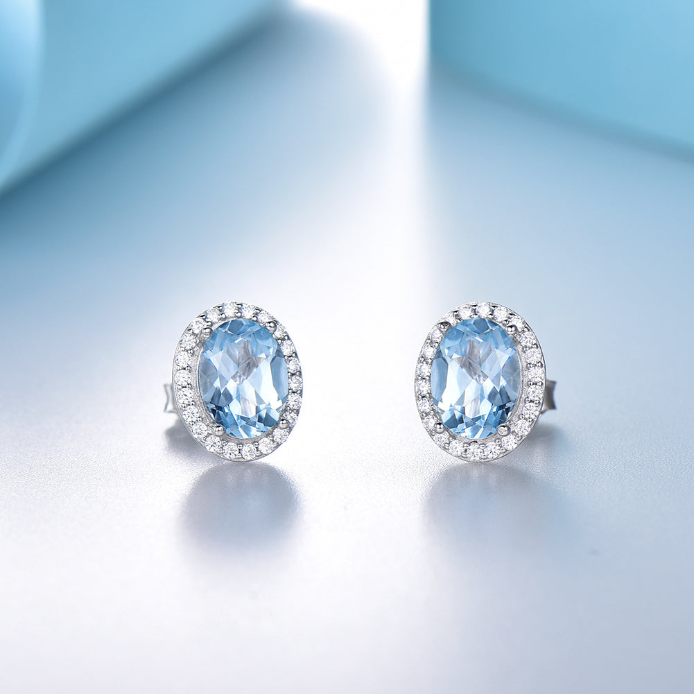 Oval Halo Stud Earrings for Women Blue Topaz Sterling Silver Ginger Lyne Collection