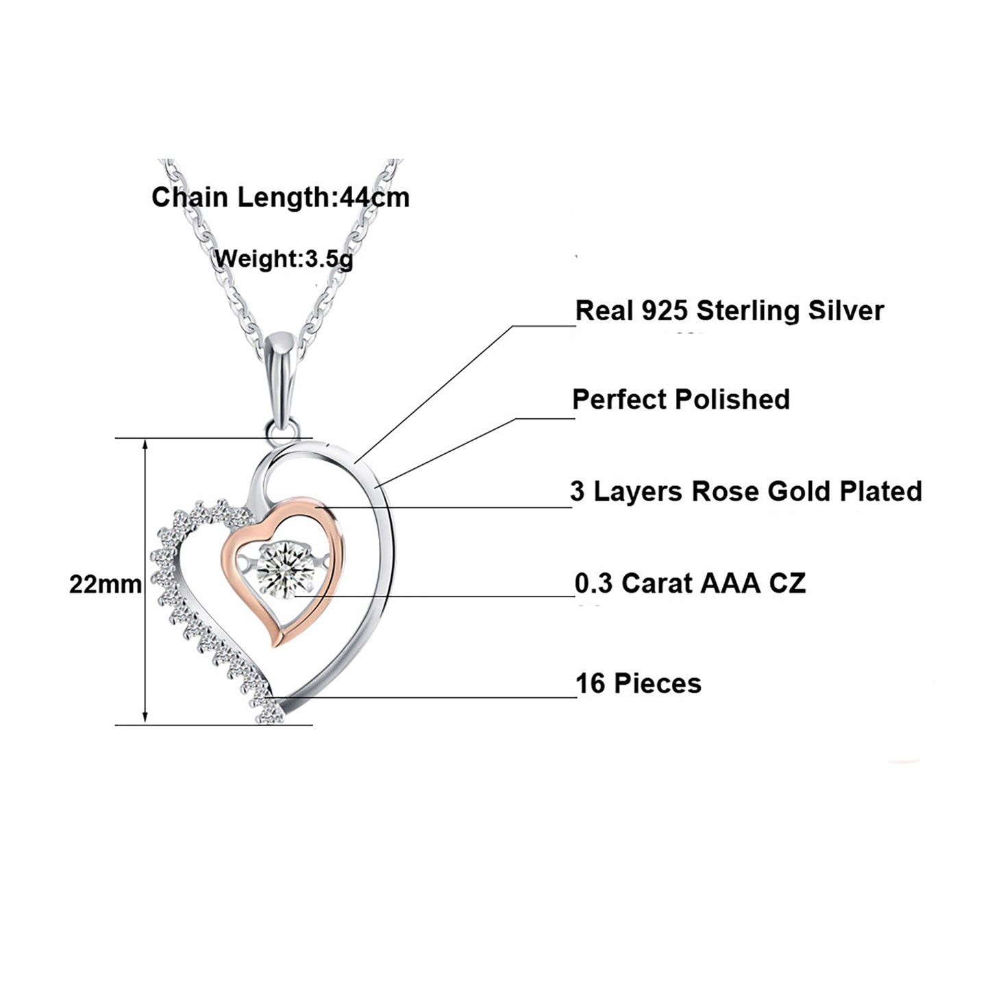 Heart Swinging Stone Necklace for Women Rose Sterling Silver Cz Ginger Lyne Collection