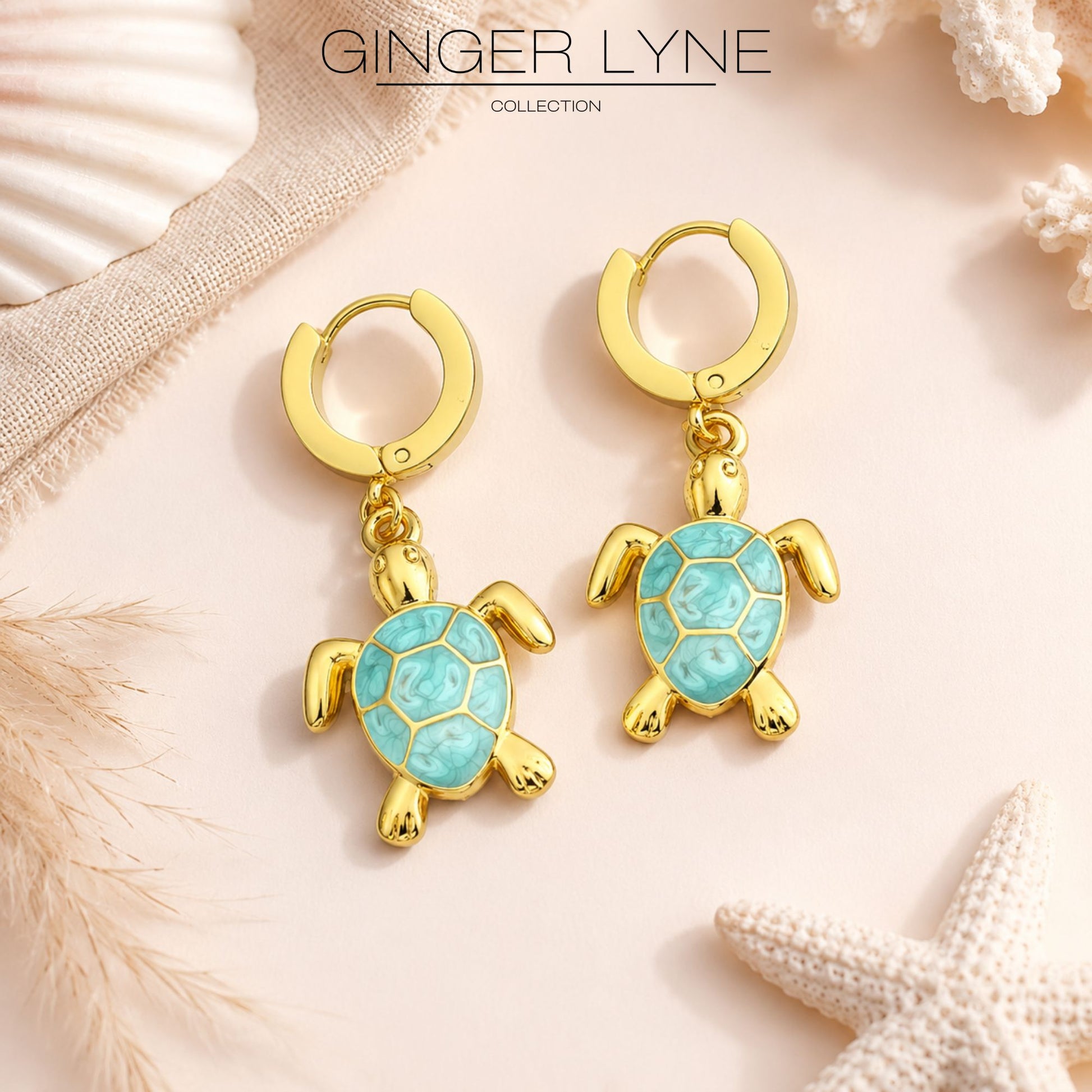 SeaTurtleCharmDangleHuggieHoopEarringsGoldPlatedStainlessSteelbyGingerLyne_Gold-2