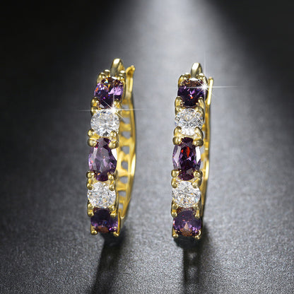Gold Plated Hoop Earrings for Women Purple Cubic Zirconia 25mm Hoops Hinged Back Ginger Lyne Collection - Gold