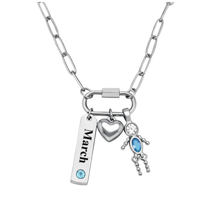 CarabinerFamilyBirthstoneNecklaceforMomorGrandmabyGingerLyneStainlessSteelCZBirthdayCharms_Male-March-Silver-1