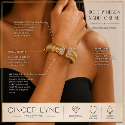 RibbedStretchBangleBraceletforWomenStainlessSteelCubicZirconiaCuffGingerLyneCollection_Gold-4