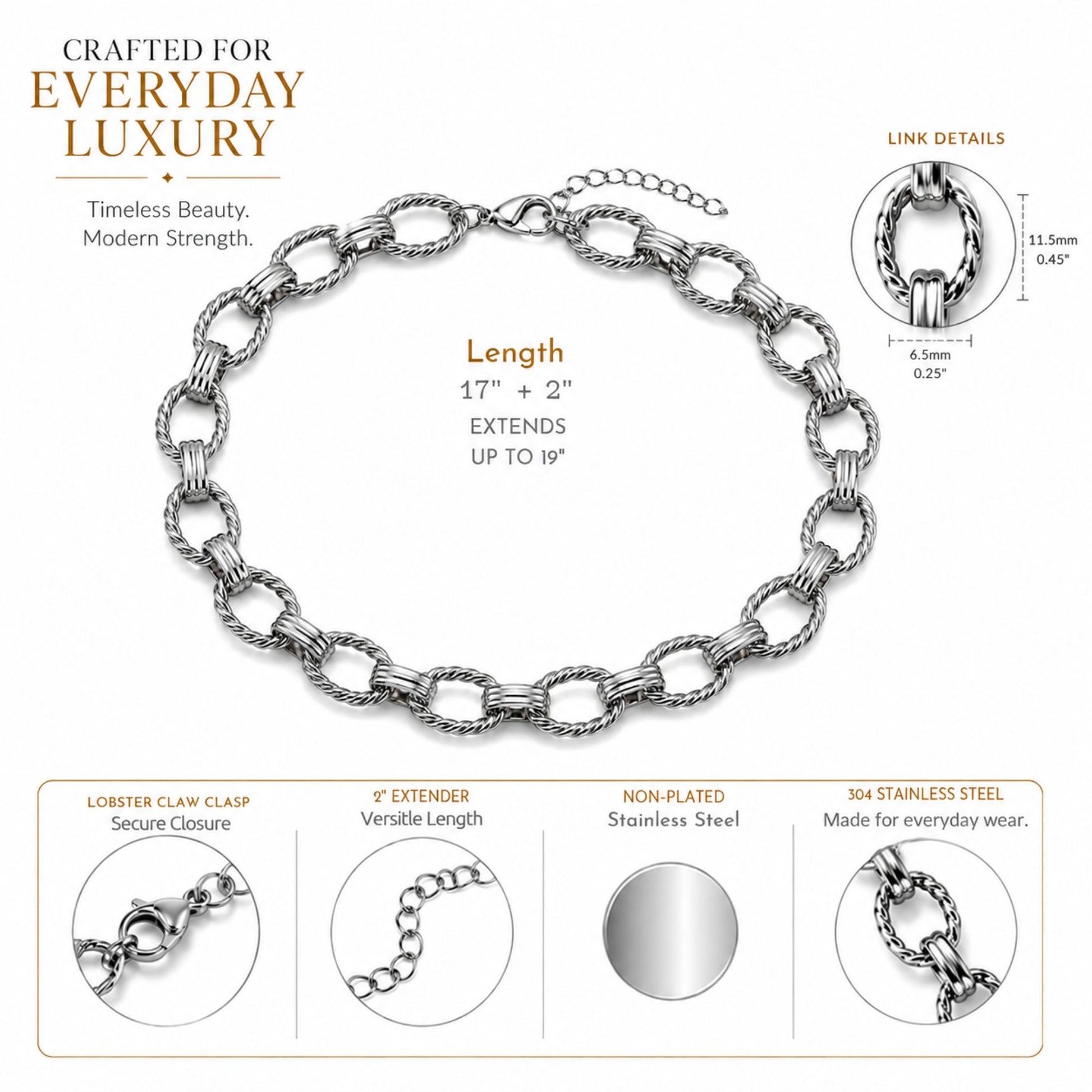 Oval Rope Link Circle Chain Necklace for Women 18KT Gold Plated Stainless Steel 19" Ginger Lyne Collection - Silver Tone
