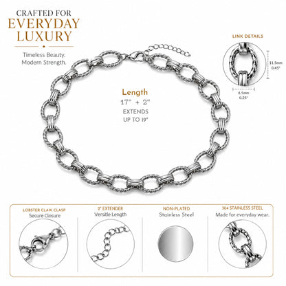 Oval Rope Link Circle Chain Necklace for Women 18KT Gold Plated Stainless Steel 19" Ginger Lyne Collection - Silver Tone