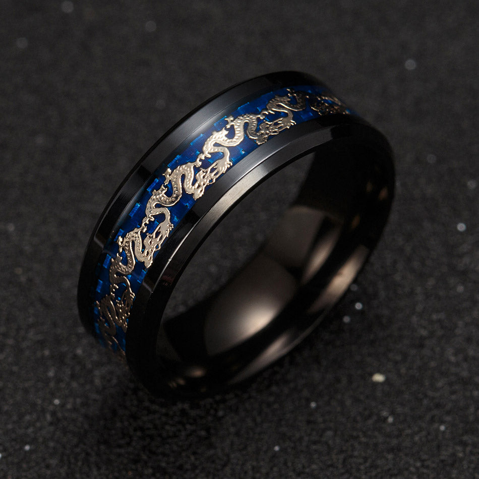 Dragon Wedding Band for Women or Men Black or Blue Stainless Steel Ring by Ginger Lyne Collection