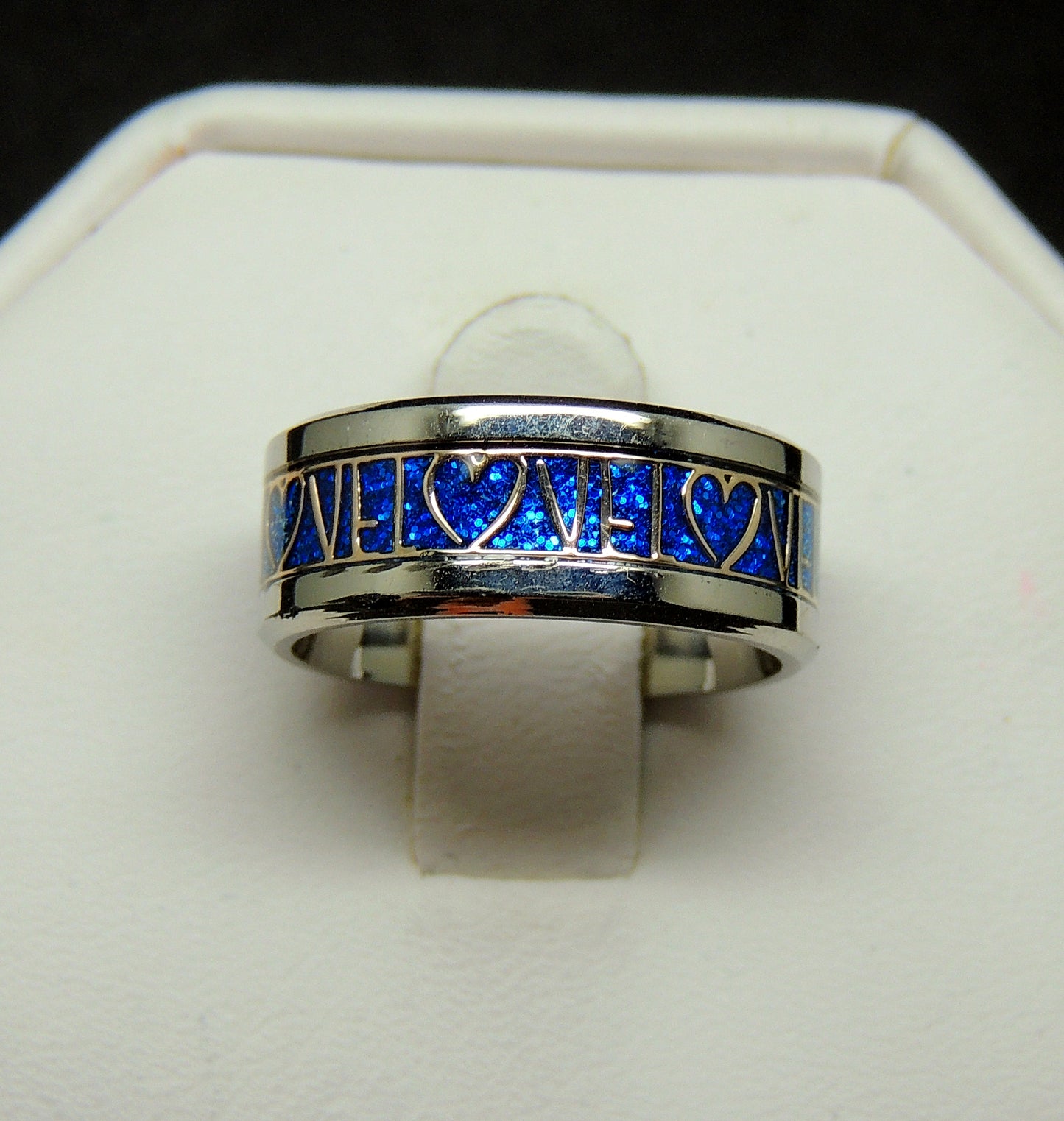 LoveBlueStainlessSteelWeddingBandRingMensorWomensGingerLyneCollection_Blue-2