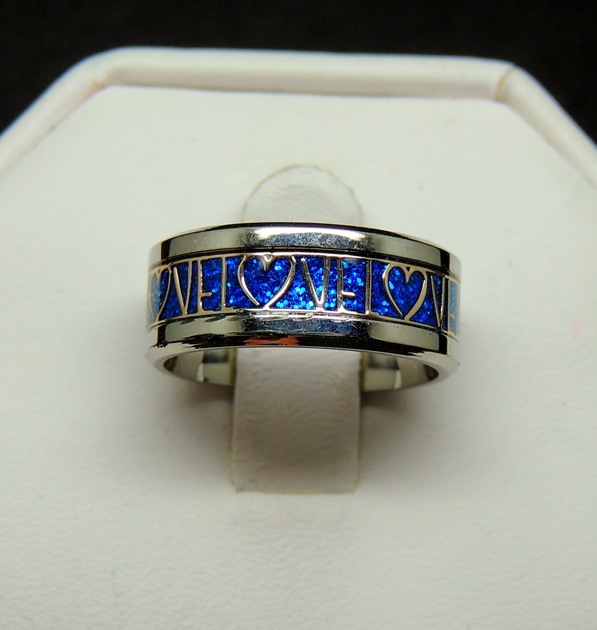 LoveBlueStainlessSteelWeddingBandRingMensorWomensGingerLyneCollection_Blue-2