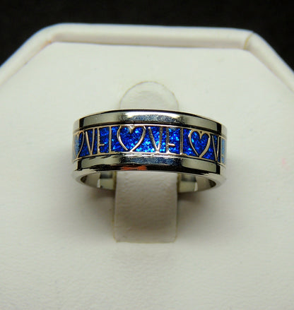 LoveBlueStainlessSteelWeddingBandRingMensorWomensGingerLyneCollection_Blue-2