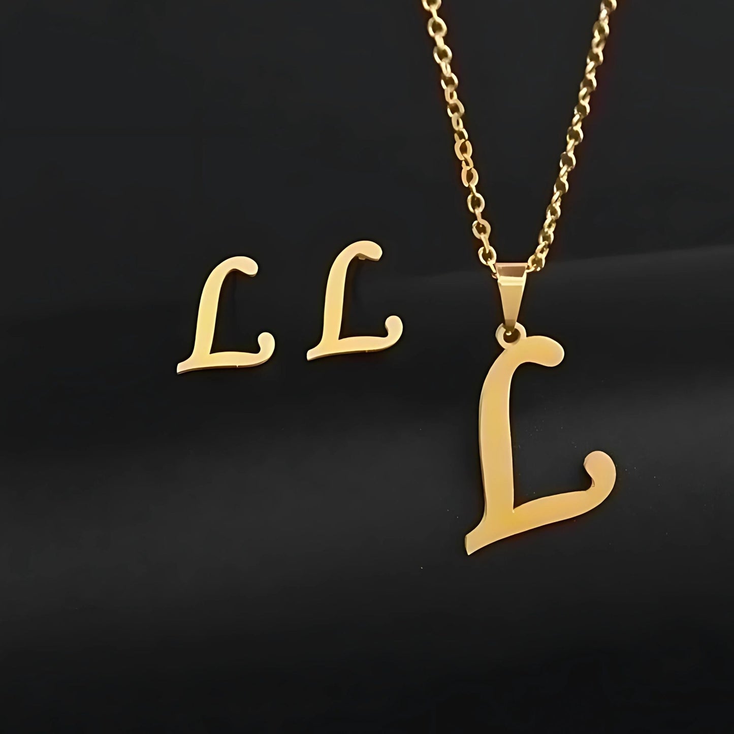 Initial Letter Pendant Necklace Earrings Set for Women Gold Plated Stainless Steel by Ginger Lyne - L