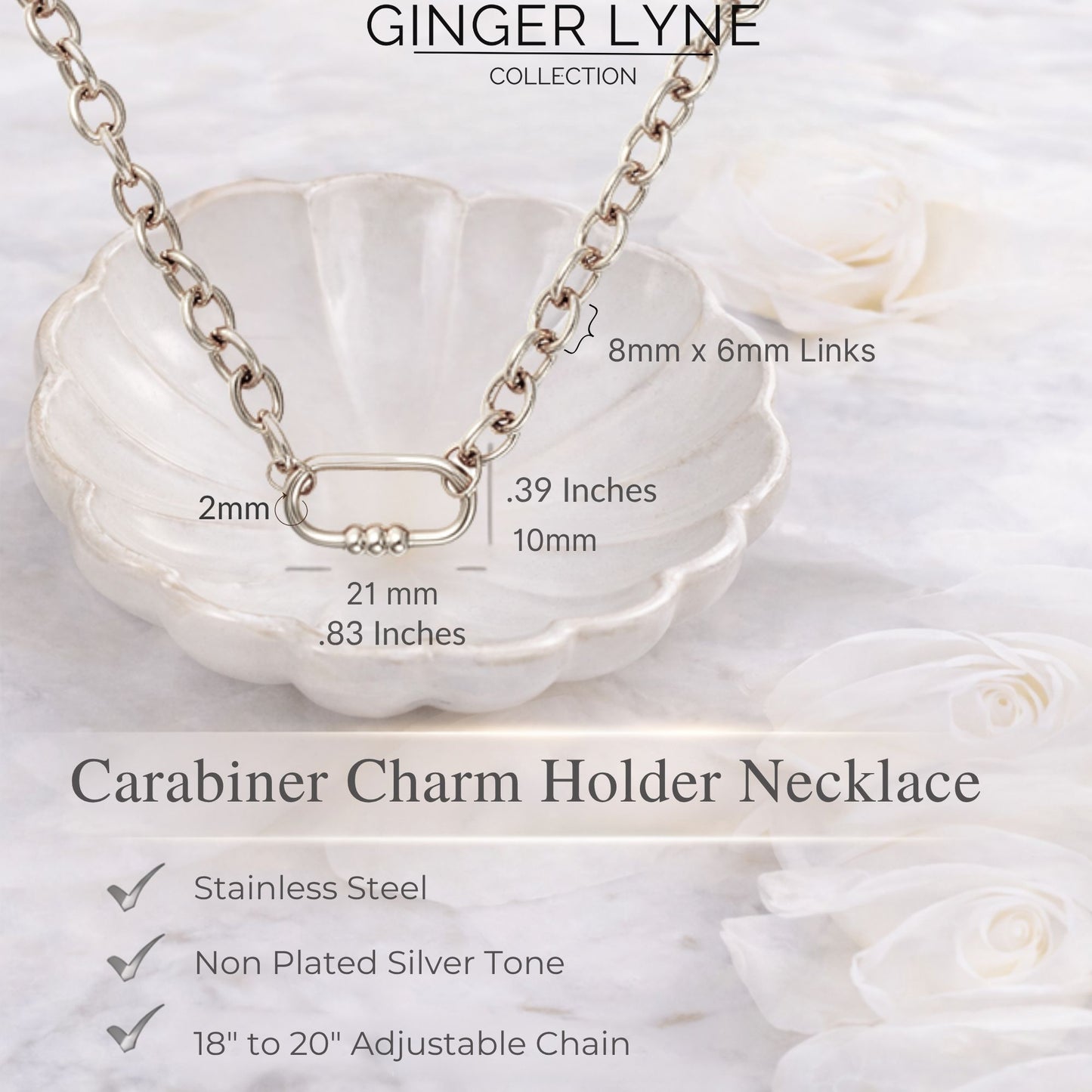 Carabiner Charm Holder Necklace for Women by Ginger Lyne O Chain Silver Stainless Steel 18-20" - Silver-OChain/Rect 3 Bead CH