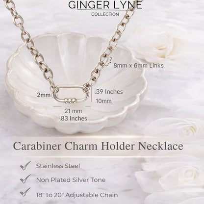Carabiner Charm Holder Necklace for Women by Ginger Lyne O Chain Silver Stainless Steel 18-20" - Silver-OChain/Rect 3 Bead CH