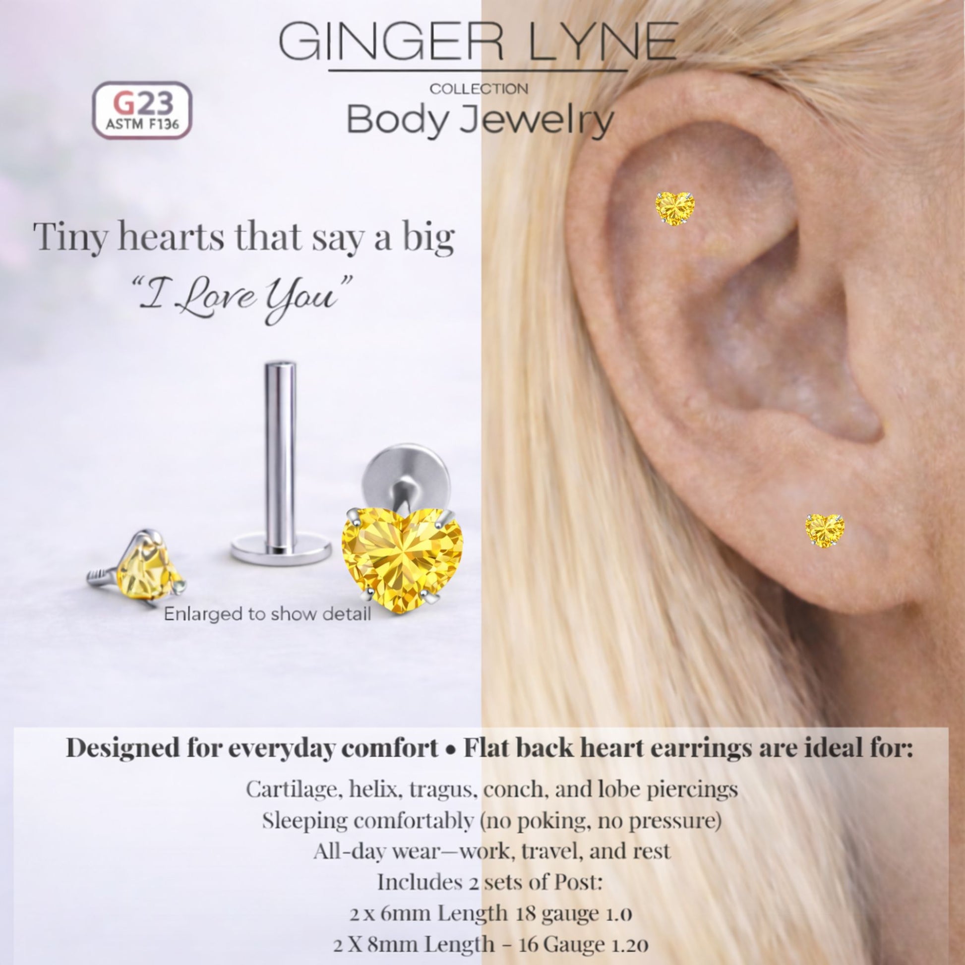 Small Heart CZ Solitaire Flat Back Stud Earrings Body Piercings by Ginger Lyne 2 Sets Post 6mm 8mm Included - 5mm-Yellow
