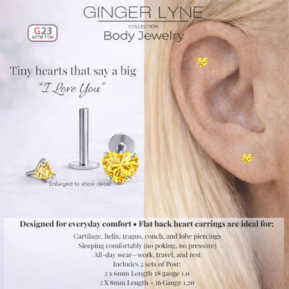 Small Heart CZ Solitaire Flat Back Stud Earrings Body Piercings by Ginger Lyne 2 Sets Post 6mm 8mm Included - 5mm-Yellow